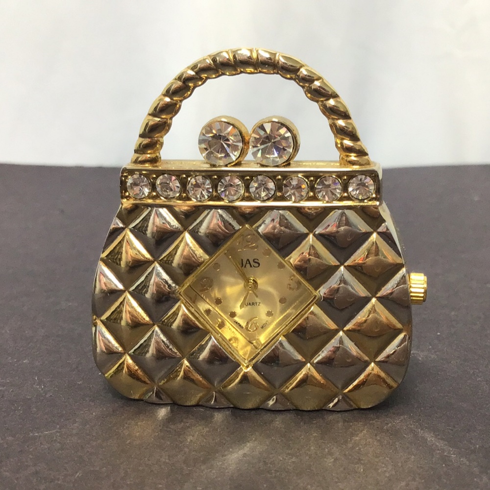 Elegant Gold tone quilted purse miniature clock with dazzling gems